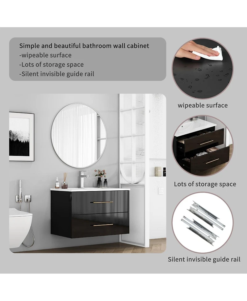 Sillysis Wall Mounted Bathroom Vanity with Ceramic Sink, Double Drawers