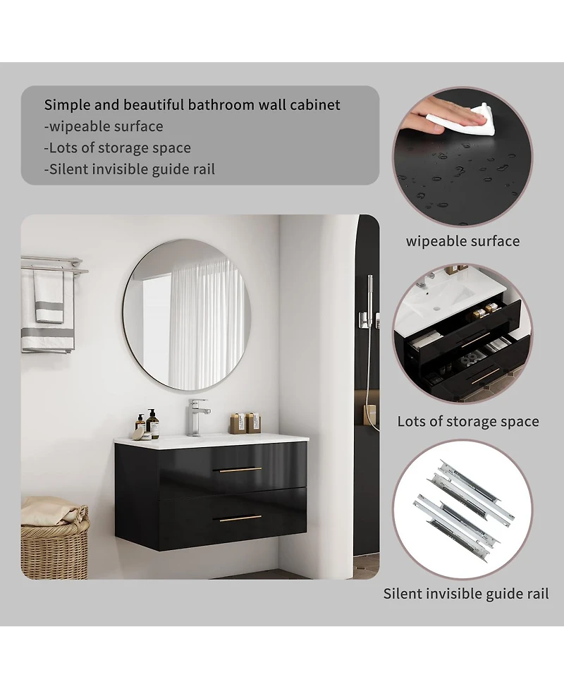 Sillysis Wall Mounted Bathroom Vanity with Ceramic Sink, Double Drawers, Modern Glossy Cabinet for Small Spaces