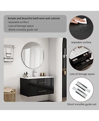 Sillysis Wall Mounted Bathroom Vanity with Ceramic Sink, Double Drawers, Modern Glossy Cabinet for Small Spaces