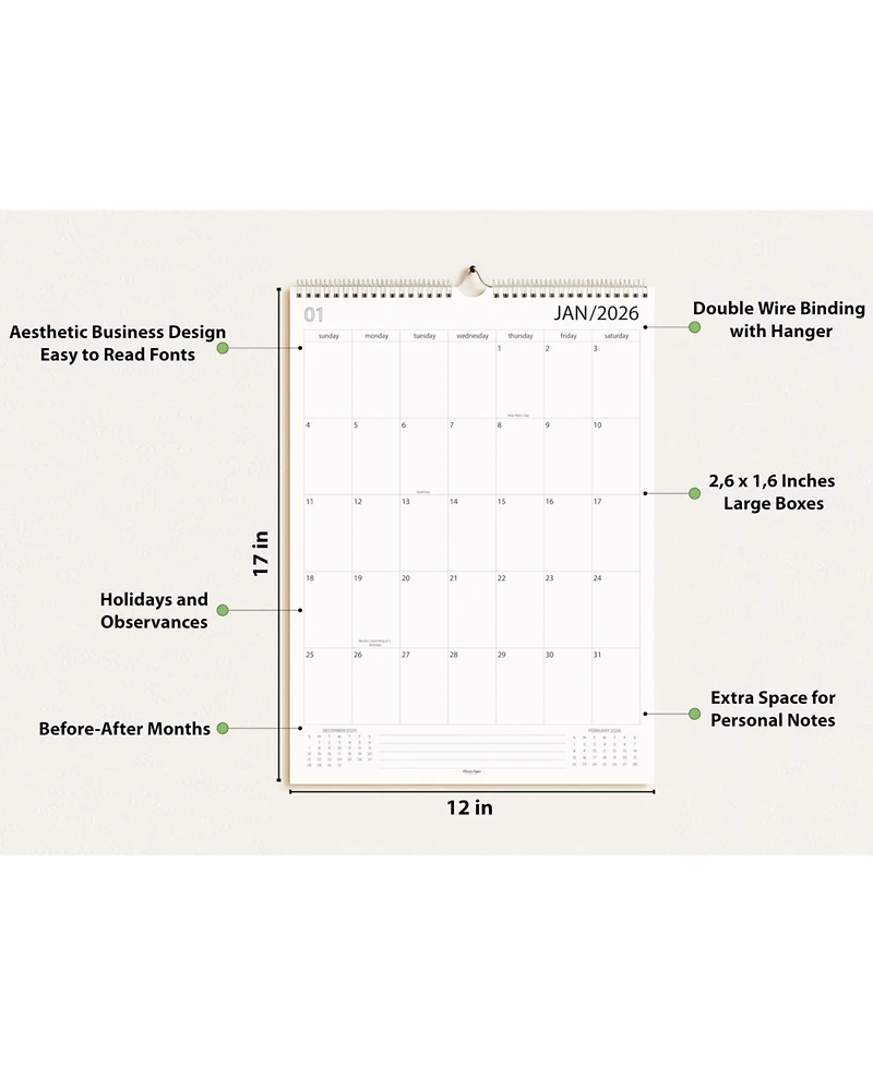 Gnuadz 2026-2027 Wall Calendar Spiral-Bound Thick Paper Includes Hanging Hook Business Style Design