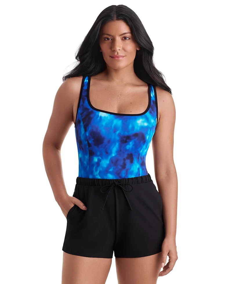 ShapeSolver Women's Sport Binded Scoop Neck Runaround One-Piece Swimsuit