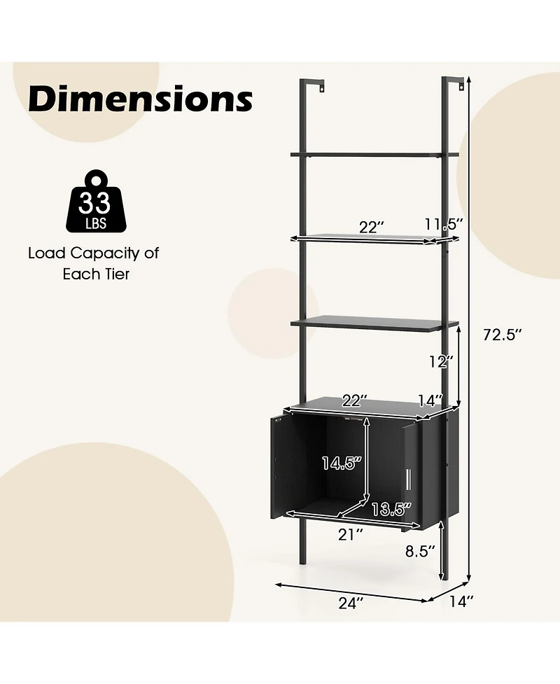 Gymax 72.5 Inch Tall Bookshelf 5 Tier Wall Mount Ladder Bookcase with Cabinet