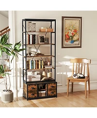 Gymax 2 Pieces 8 tier Bookshelf 79 Inch Freestanding Bookcase with 4 Fabric Drawers and Storage