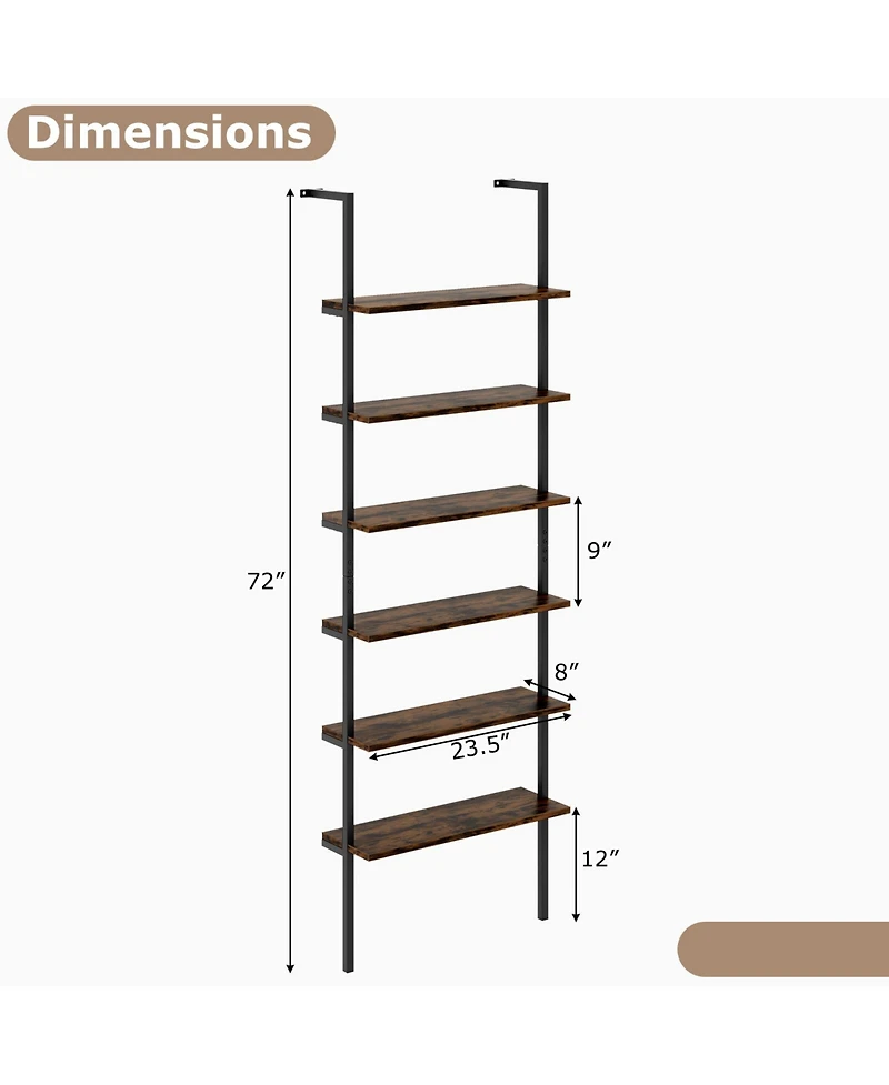 Gymax 2 Piece 6 tier Ladder Shelf 72 Inches Industrial Wall Mounted Bookshelf