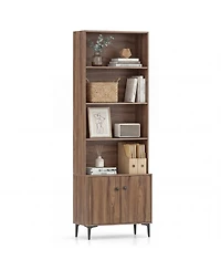 Gymax Bookshelf with Doors 5 Tier Floor Standing Bookcase 2 Anti Tipping Kits
