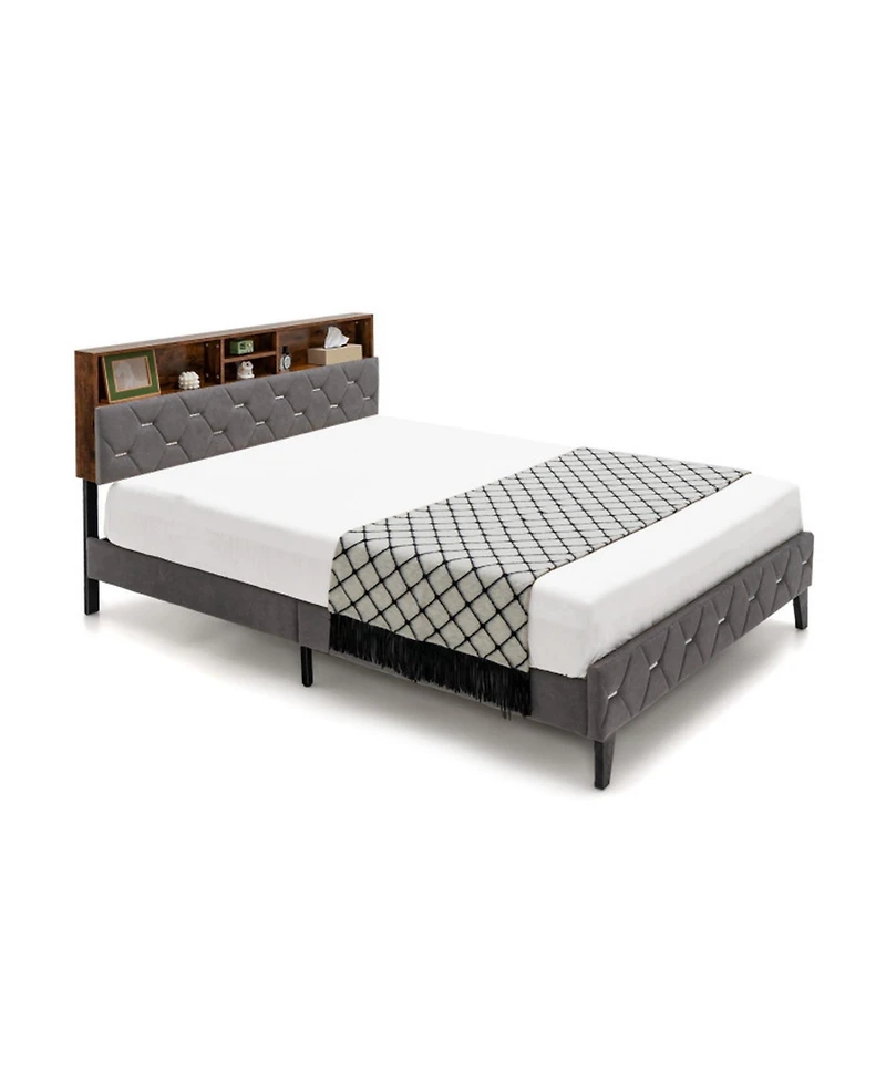 Gouun Full Size Velvet Upholstered Bed Frame with Multi-Compartment Storage Headboard