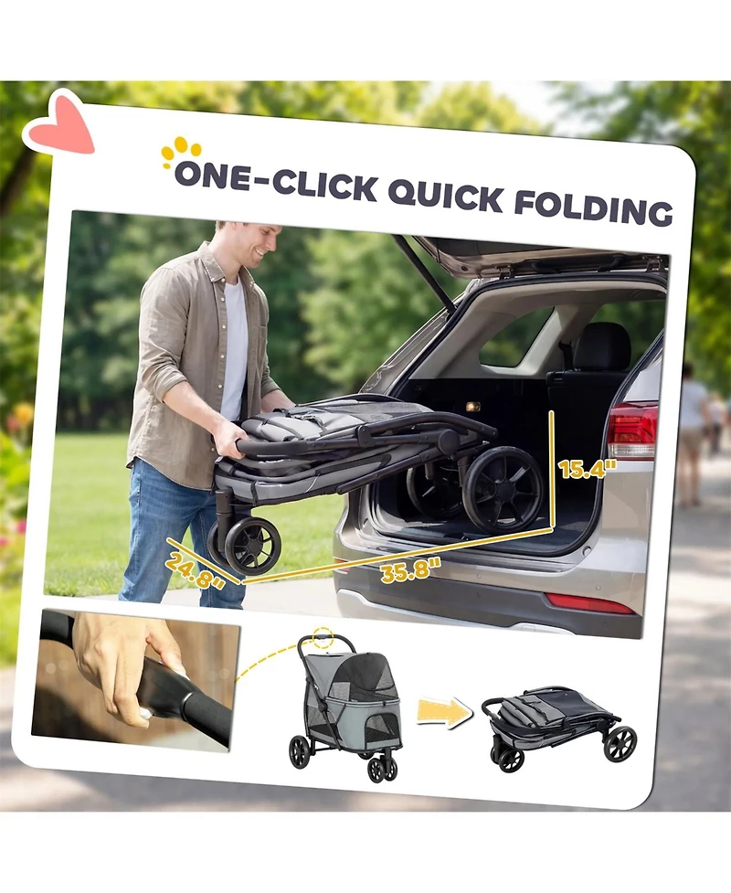 Zeus & Ruta 3 Wheel Cat Stroller with Easy One-Click Fold, Mesh Window, Washable Pad