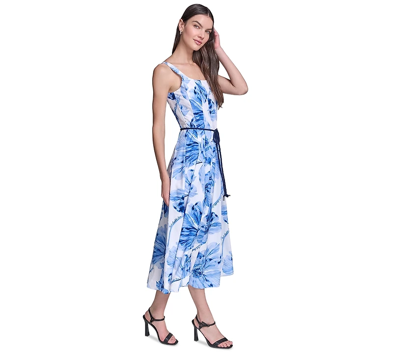 Karl Lagerfeld Paris Women's Floral Fit & Flare Belted Midi Dress