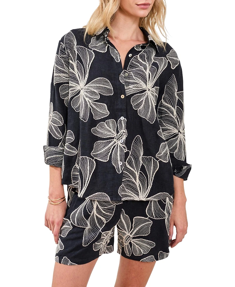Tribal Women's Embroidered Crosshatch Button Top