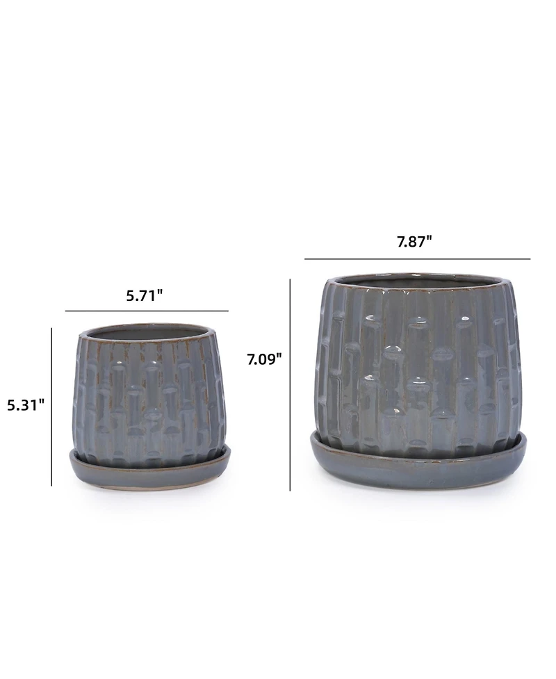Clihome Handmade Glazed Ceramic Planter Set of 2, Vertical Ribbed Pattern, for Indoor or Outdoor Shelf and Table Use, Breathable Clay with Saucers
