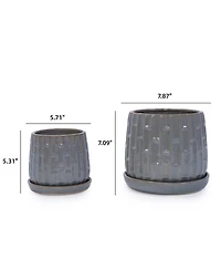 Clihome Handmade Glazed Ceramic Planter Set of 2, Vertical Ribbed Pattern, for Indoor or Outdoor Shelf and Table Use, Breathable Clay with Saucers