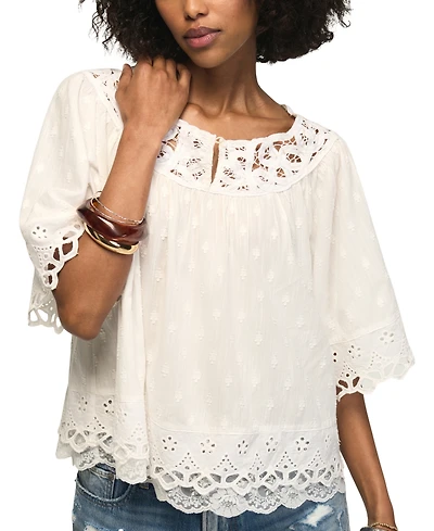 Lucky Brand Women's Notch Neck Lace Detail Top