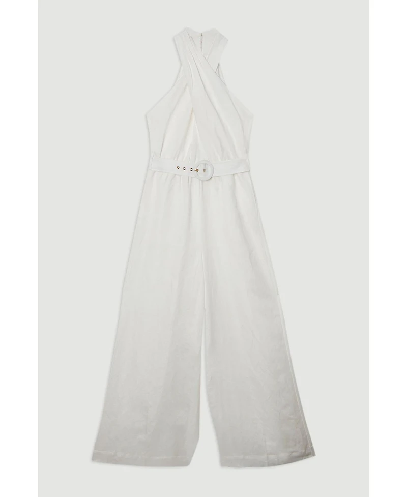 Karen Millen Women's Linen Blend Wide Leg Belted Jumpsuit
