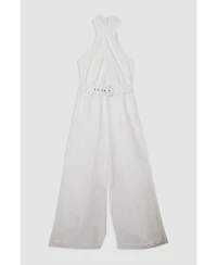 Karen Millen Women's Linen Blend Wide Leg Belted Jumpsuit