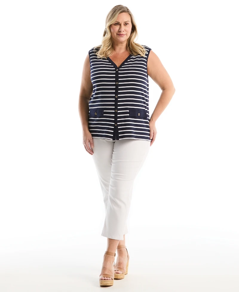 Rafaella Plus Striped Button Front Sleeveless Tank Top