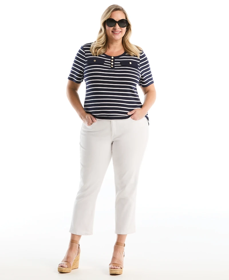 Rafaella Plus SizeStriped Welt Pocket Button Detail Short Sleeve Top