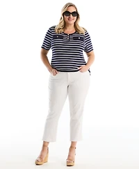 Rafaella Plus SizeStriped Welt Pocket Button Detail Short Sleeve Top