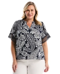 Rafaella Plus Paisley Print Flutter Lace Short Sleeve Blouse