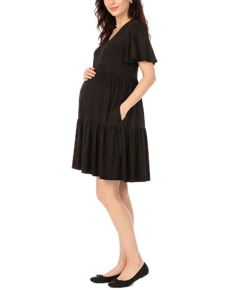 White Mark Women's Short-Sleeve Tiered A-Line Maternity Dress