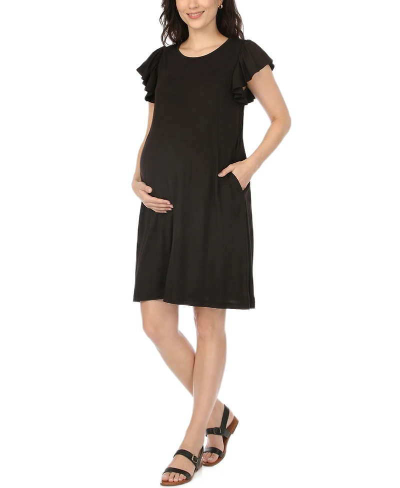 White Mark Women's Scoop Neck Flutter-Sleeve Maternity Dress