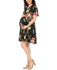 White Mark Women's Floral Print V-Neck Maternity Dress