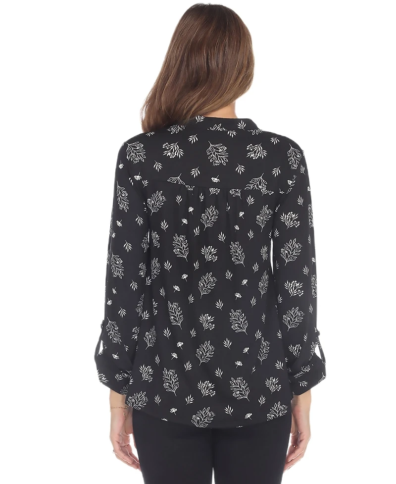 White Mark Women's Printed Long-Sleeve Button-Front Top
