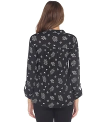 White Mark Women's Printed Long-Sleeve Button-Front Top