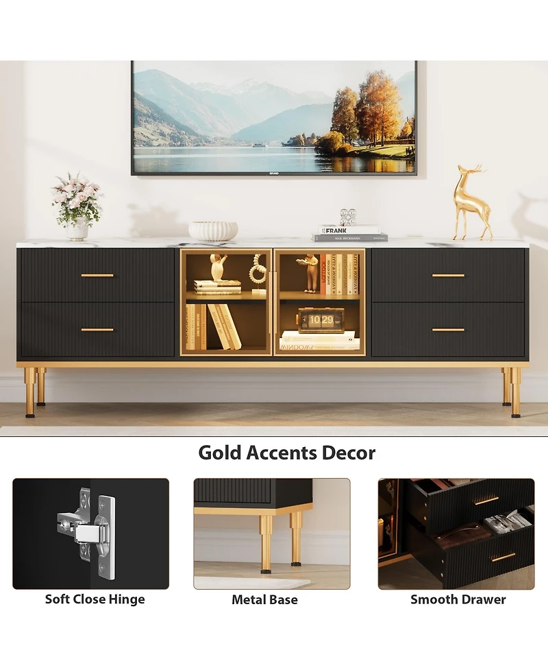 homfan Contemporary Fluted Tv Stand with Adjustable Led Lighting, Drawers and Open Shelves, Reinforced Engineered Wood Metal Legs