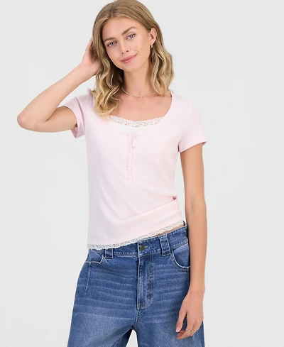 Hippie Rose Juniors' Layered-Look Short-Sleeve Henley