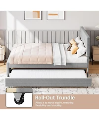 gaomon Bed Frame with Trundle, Upholstered Platform Bed Frame with Headboard, Trundle Bed Twin, Wood Slat Support, for Bedroom, Living Room