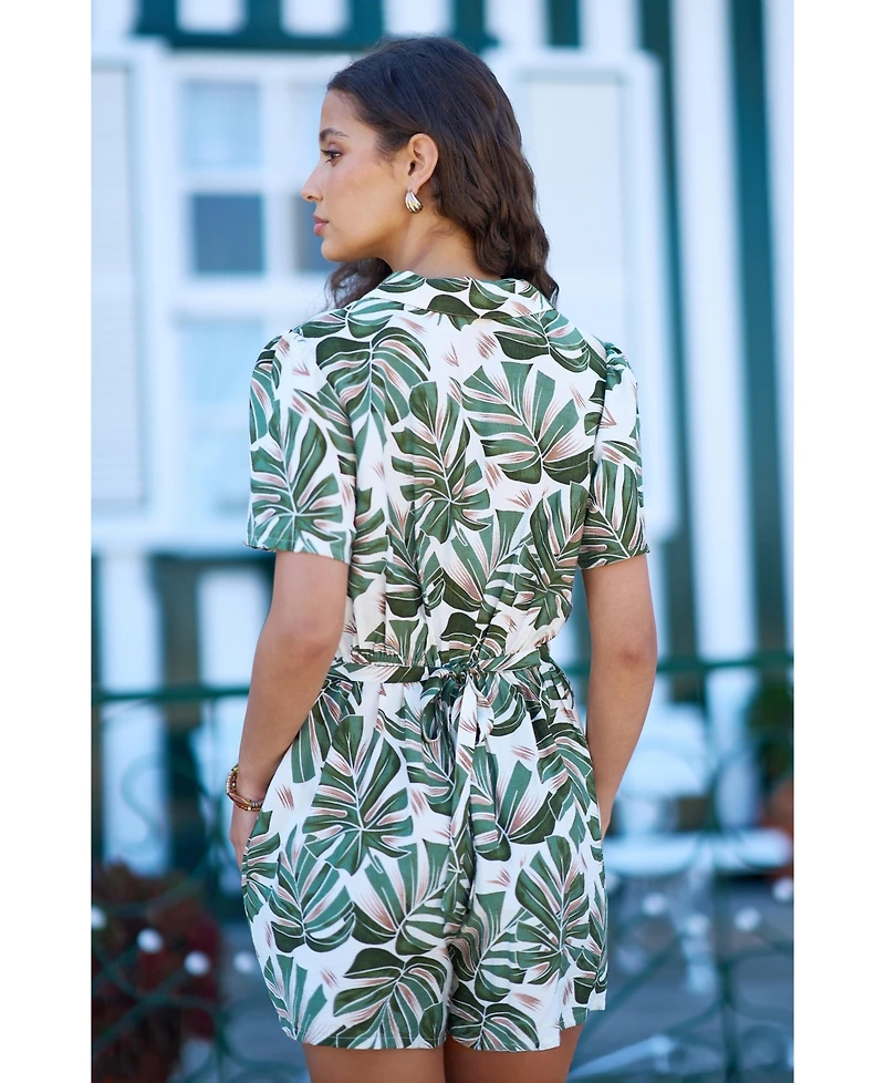 Yumi Women's Viscose Leaf Print Retro Playsuit