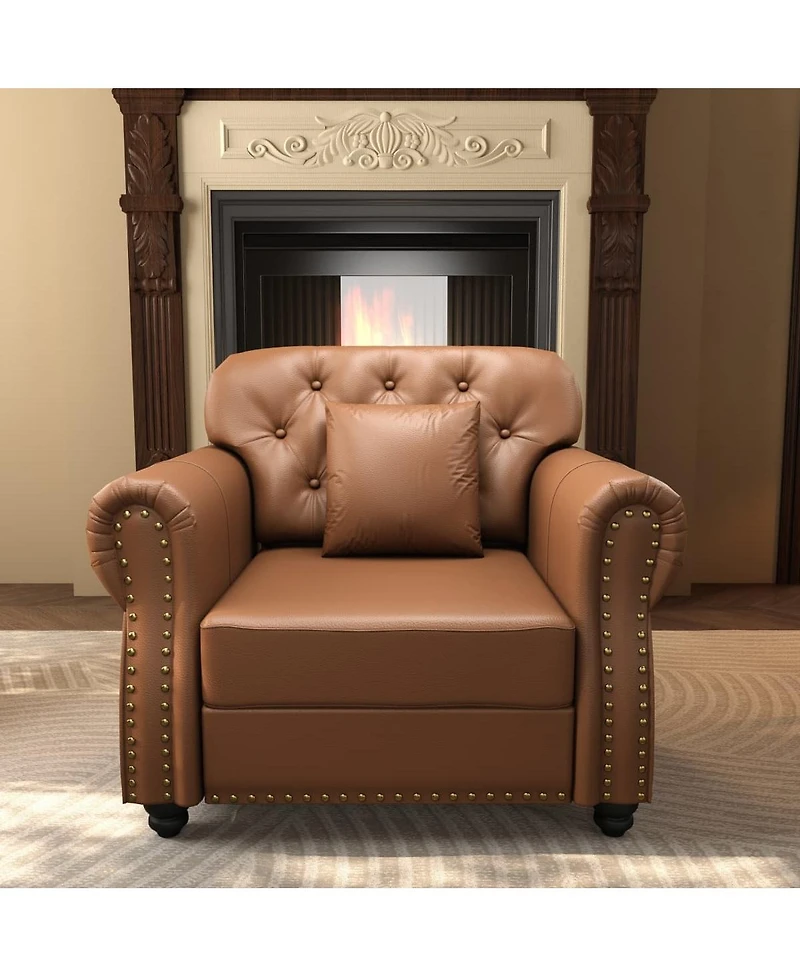 Maison Boucle 41.3'' Faux Leather Sofa Chair and Ottoman Set 2PC, Nailhead Tufted