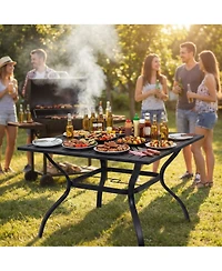 Clihome Metal Steel Slat Patio Dining Table, Square Backyard Bistro Table Outdoor Furniture Garden Table
