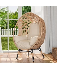 Rainsken Outdoor Wicker Egg Chair with Cushion, Pe Rattan Wicker Lounge Chair, 400lb Capacity, Indoor Patio Egg Chairs, for Bedroom Backyard Balcony