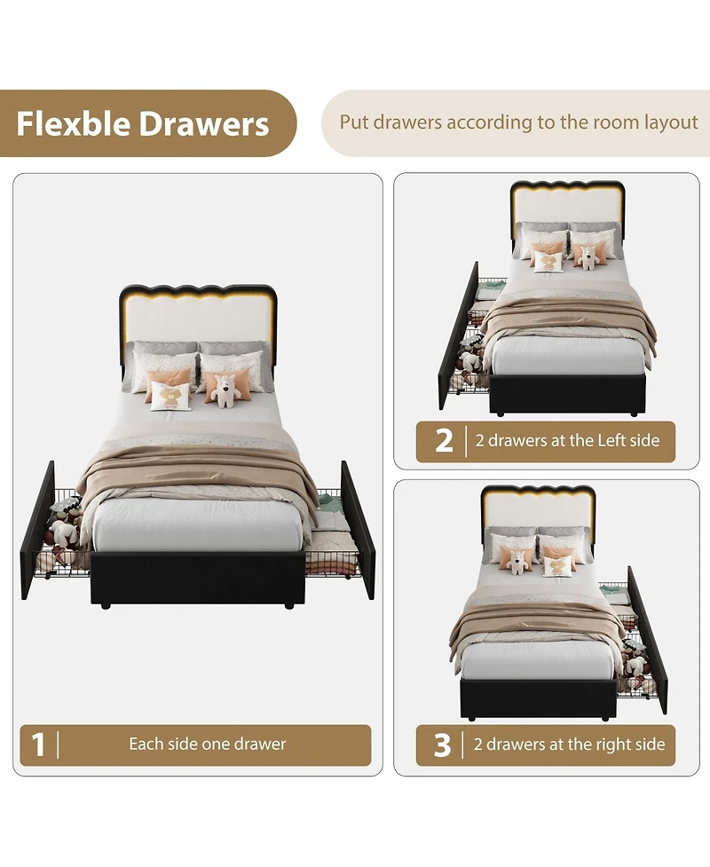 Gaomon Upholstered Bed Frame with Led Lights, Adjustable High Headboard, Large Storage Drawer, No Box Spring Required, Noise-Free