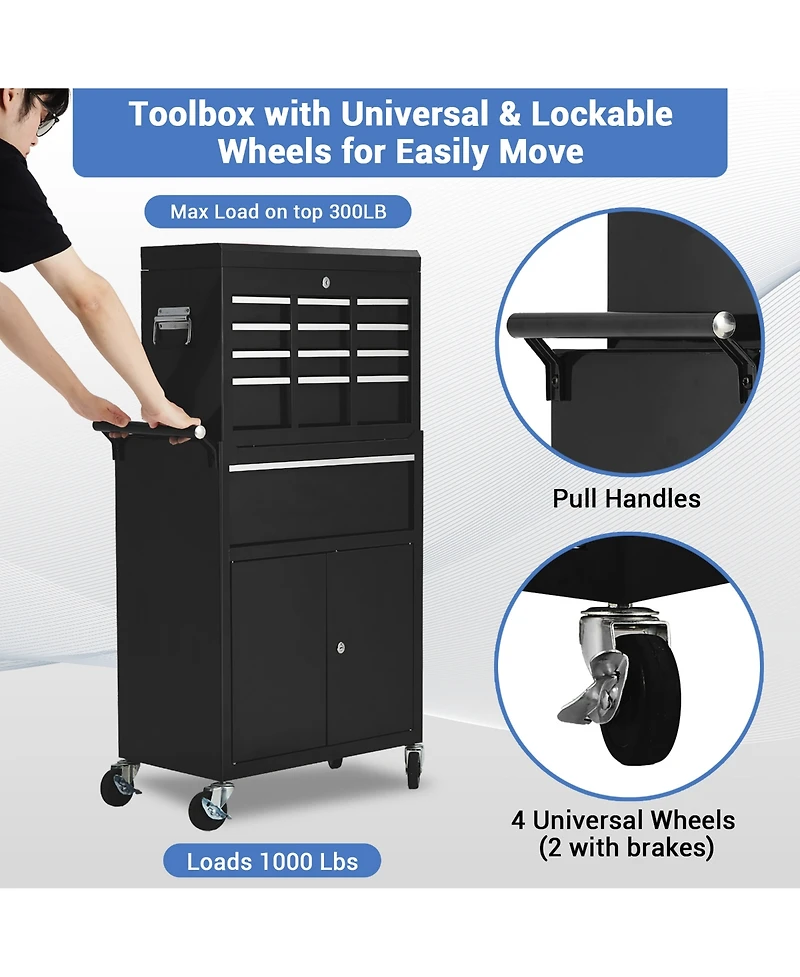 Homfan rolling steel tool chest with detachable top box, lockable drawers and cabinet, swivel casters, side handles, and rust-resistant finish