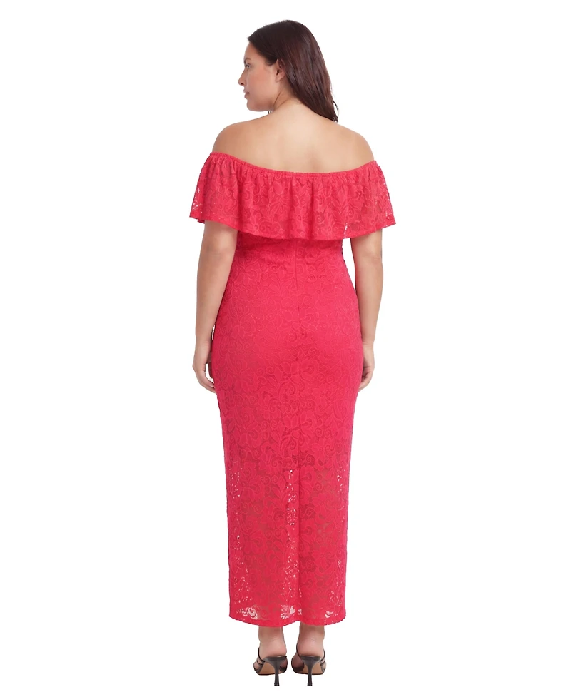 24seven Comfort Apparel Plus Elevate Curvy Lace Off-the-Shoulder Side Slit Bodycon Maxi Dress