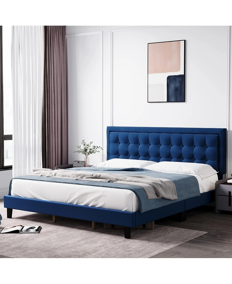 gaomon Platform Bed with Adjustable Linen Button Tufted Headboard, Noise-Free Design and No Box Spring Needed