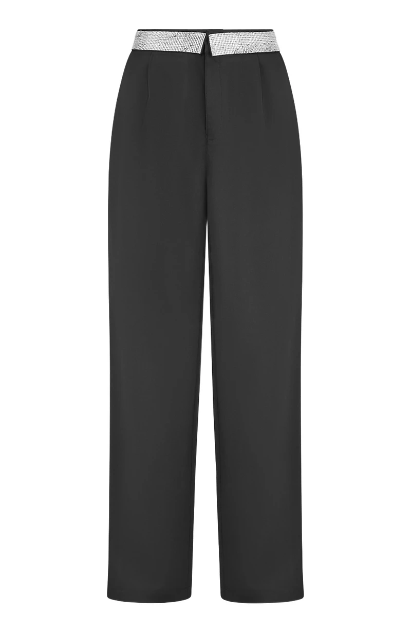 Yumi Women's Diamante Waistband Wide Leg Trousers