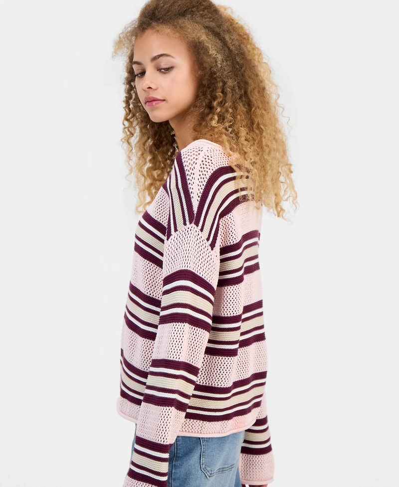 Hooked Up by Iot Juniors' Striped Open-Knit Bell-Sleeve Sweater