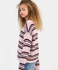 Hooked Up by Iot Juniors' Striped Open-Knit Bell-Sleeve Sweater