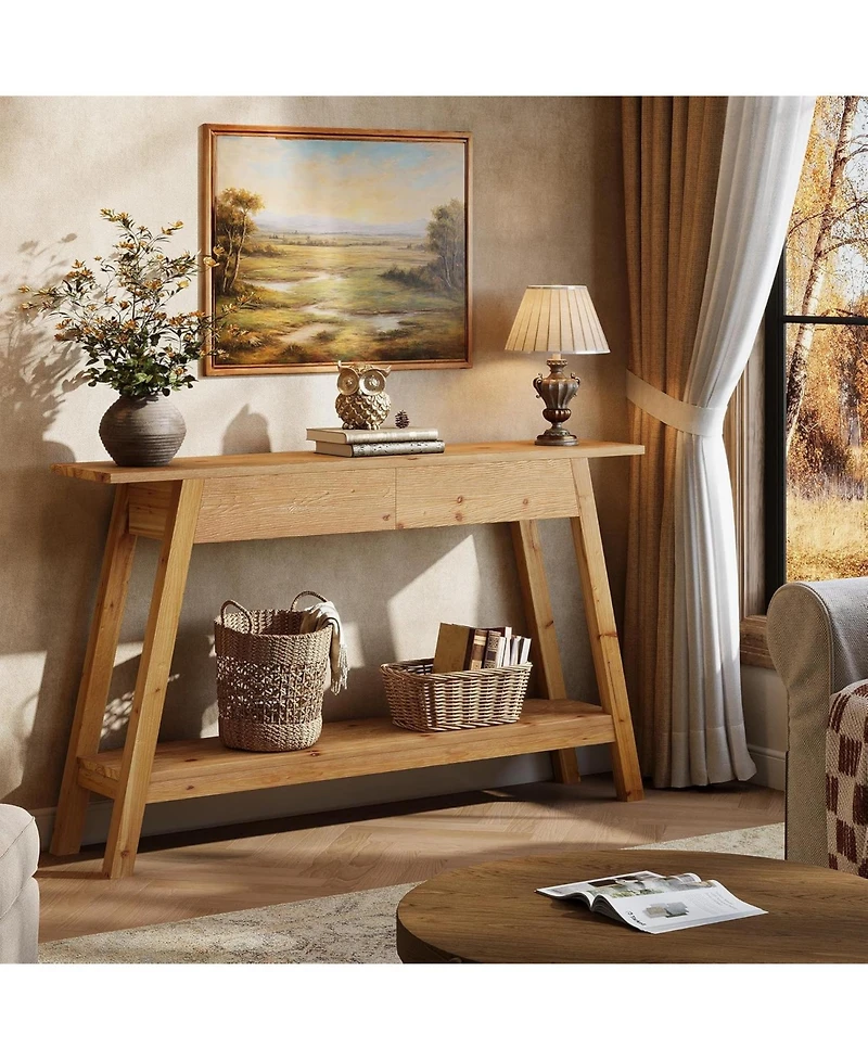 Tribesigns Solid Wood Console Table, 43.31" Entryway Table with 2 Drawers, 2-Tier Wood Sofa Console with Storage