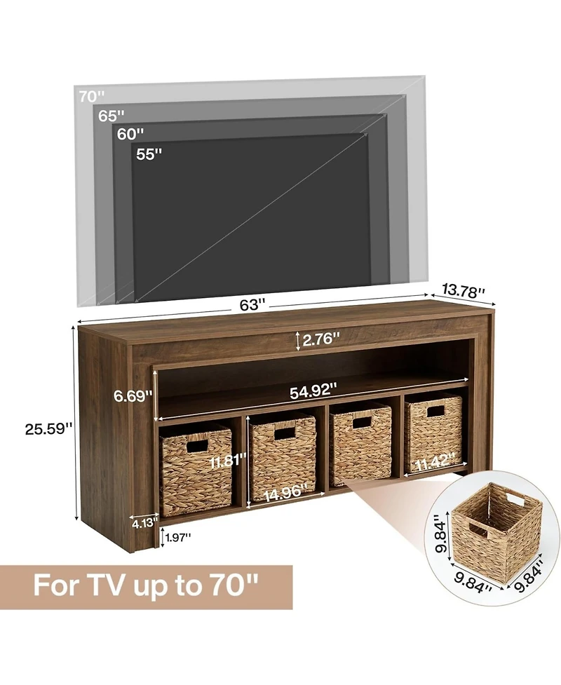 Tribesigns Tv Stand Tvs, Farmhouse Entertainment Center with Storage, Wooden TV Console with 4 Woven Baskets and Open Shelf