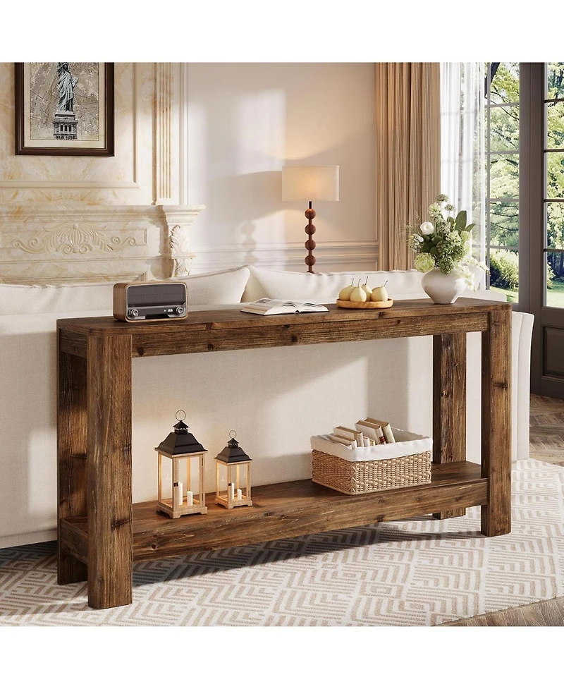Tribesigns Solid Wood Console Table for Entryway, 63" Farmhouse Slim Sofa Table with 2-Tier Storage Shelf, Rustic Modern Narrow Hall Entry Furniture