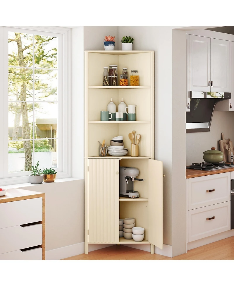 sumyeg 68 Inch Tall Corner Bathroom Storage Cabinet with Shelves and Fluted Doors