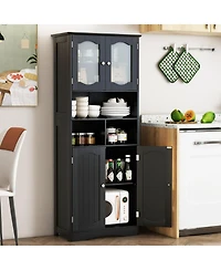 sumyeg 58.5 Inch Freestanding Linen Bathroom Storage Cabinet with Frosted Glass Doors