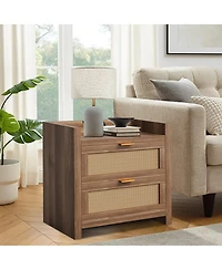 homfan Farmhouse Nightstand Set of 2 with Charging Station, 2 Rattan Storage Drawers End Table for Bedroom and Living Room