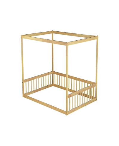 Clihome Full Canopy Frame Rubber Wood Floor Bed with Fence,Guardrails
