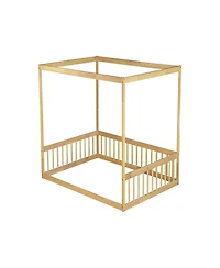 Clihome Full Canopy Frame Rubber Wood Floor Bed with Fence,Guardrails