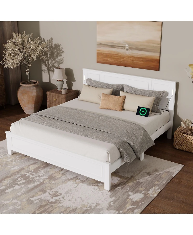 Clihome King Size Bed with Tall-Panel Headboard and Footboard, Built-in Led Lights, Usb Charging Station